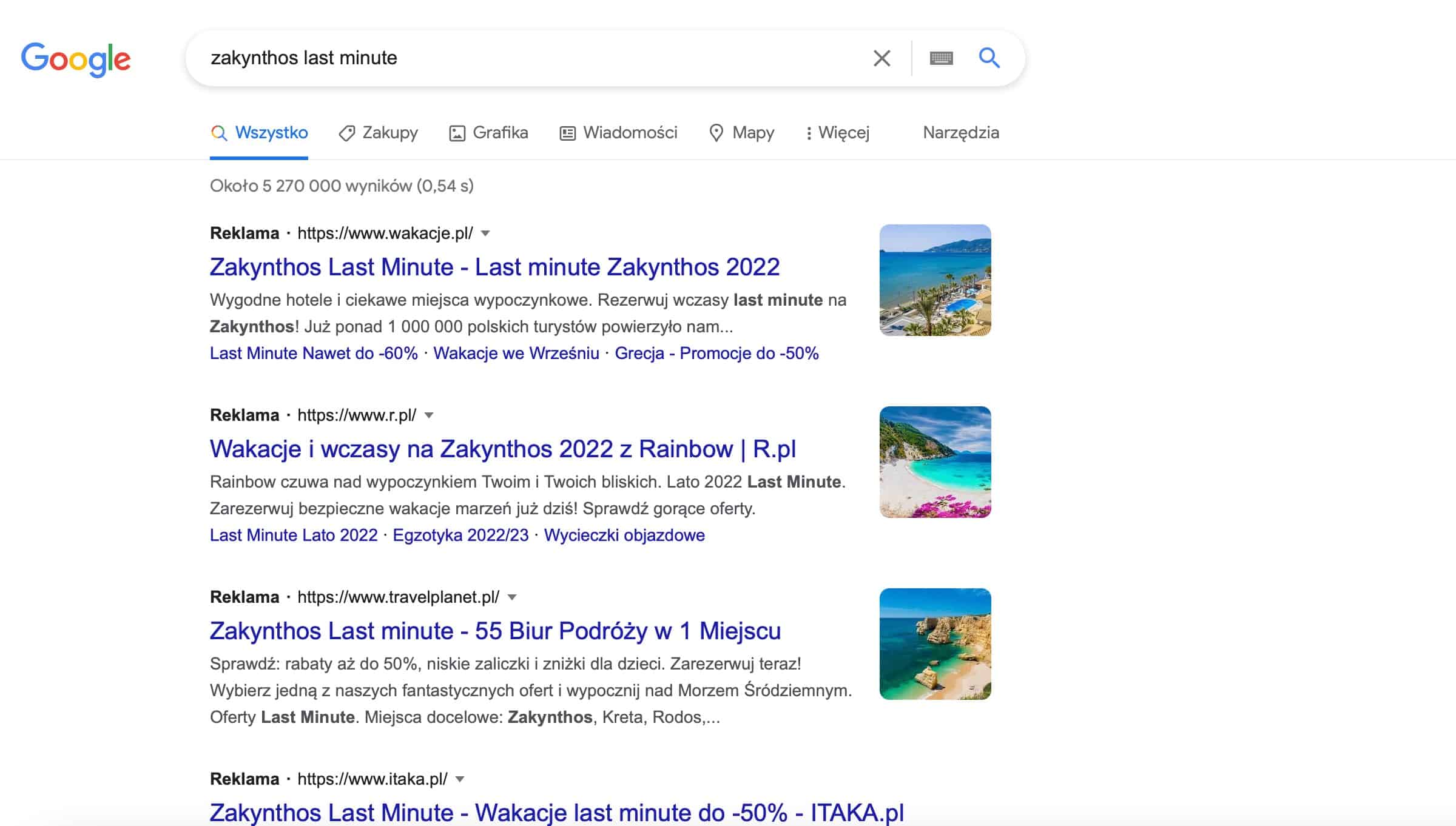 Zakynthos last minute - reklama w wyszukiwarce Google
